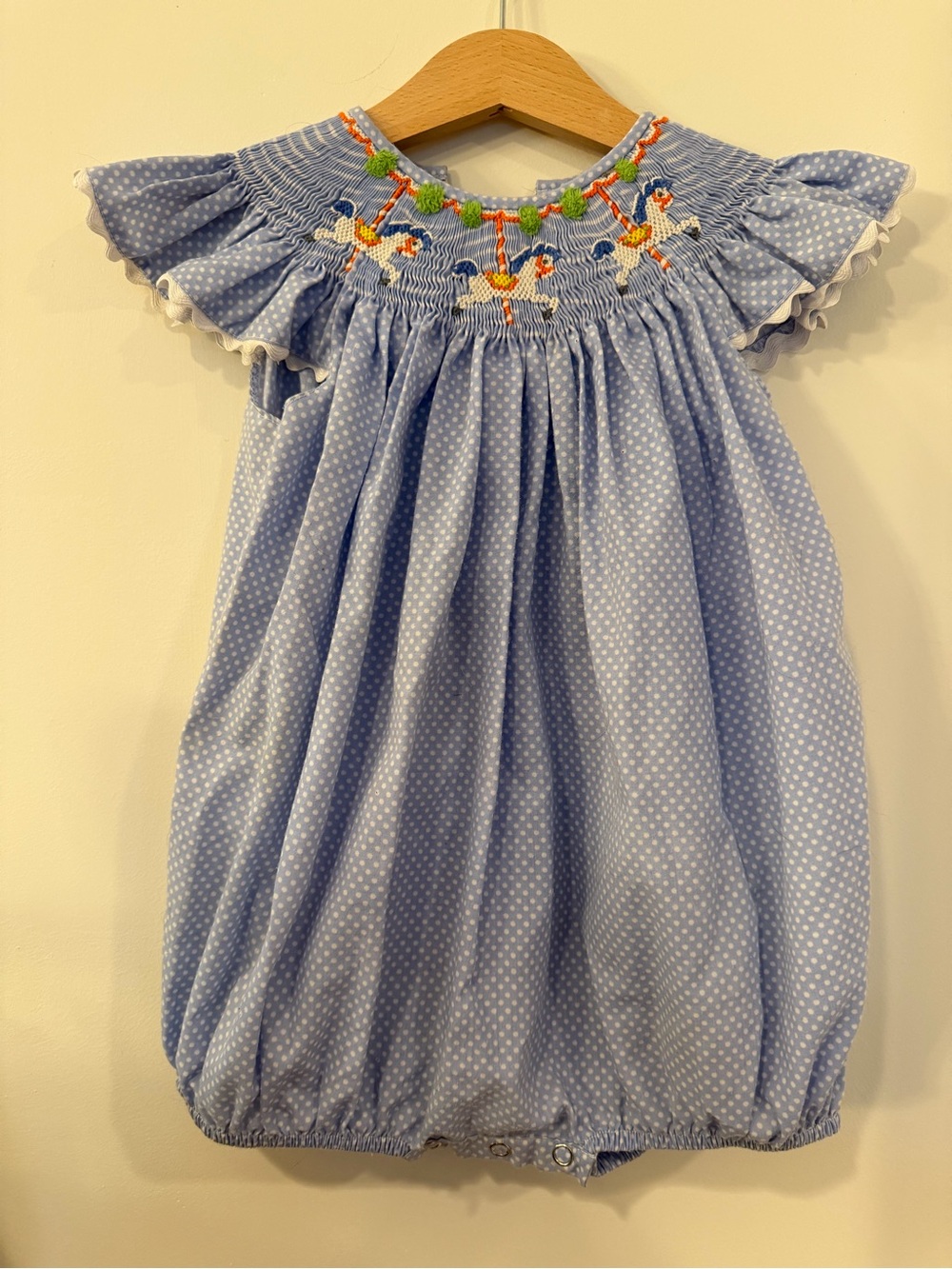 Blue Polka Dot Smocked Carousel Bubble Romper